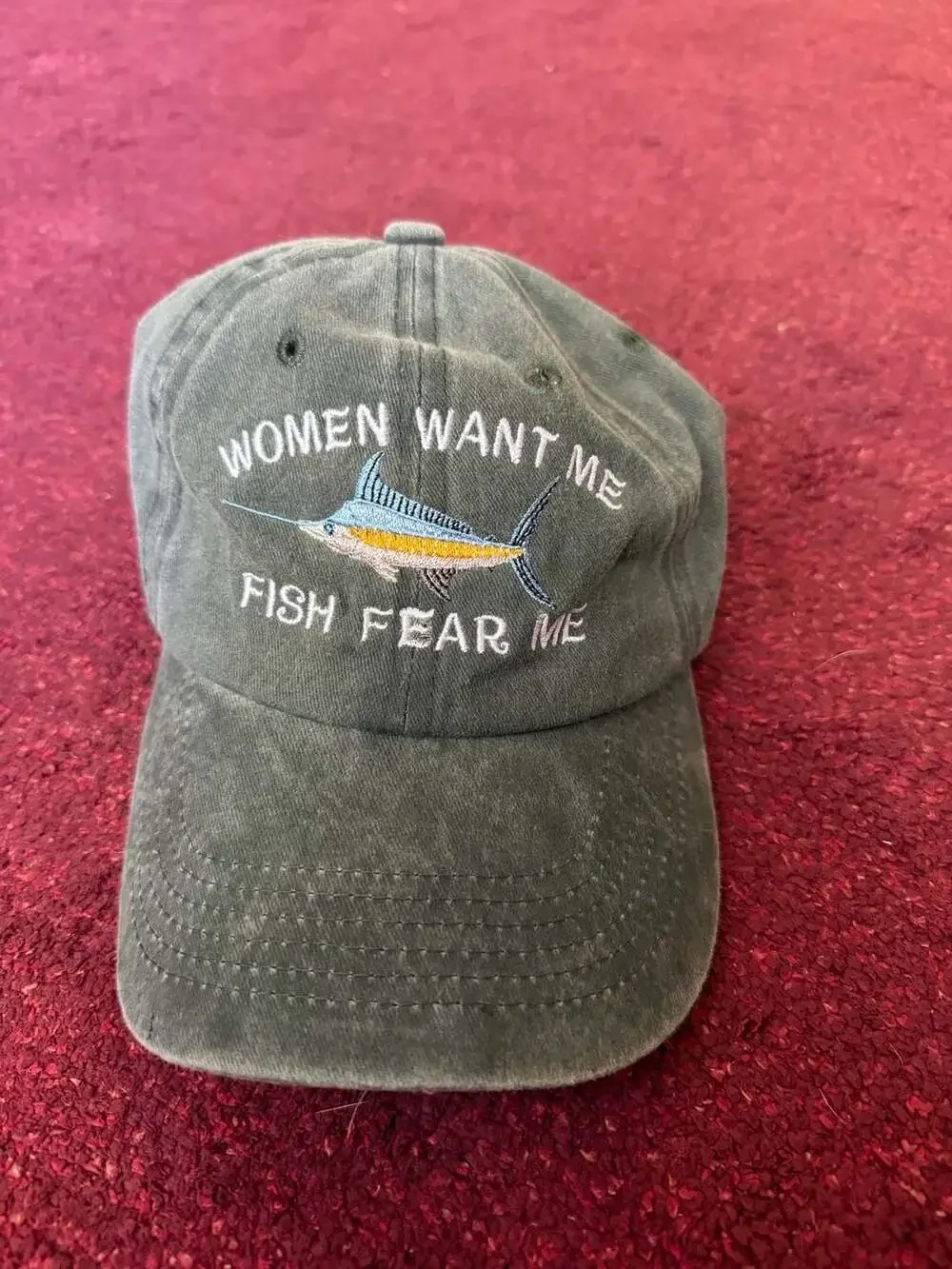Women Want Me Fish Fear Me Embroidered Washed Cotton Dad Hat Army Green